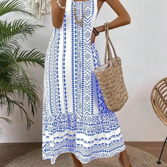 Emery Rose Loose fit geometric pattern printed Blue and White Maxi Dress - Picture 8 of 12